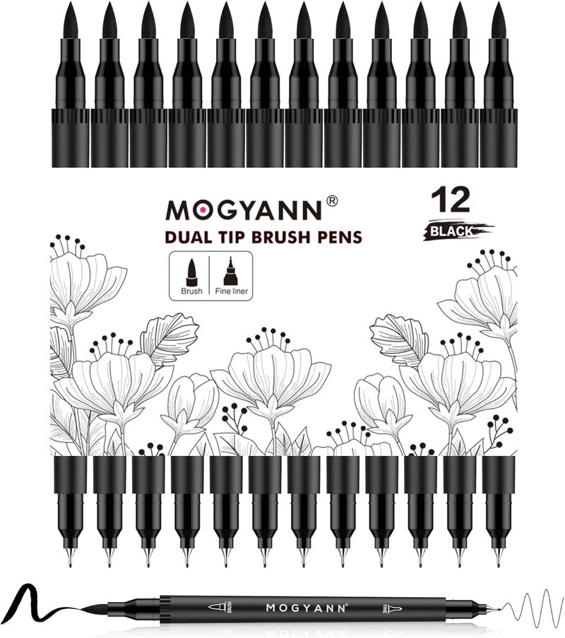 Mogyann Drawing Pens, 12 Pack Dual Brush Pens Black Markers for Art Drawing Sketching - Image 1